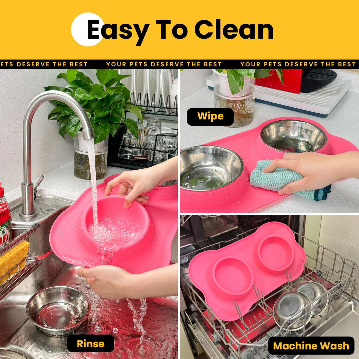 Silicone Pet Feeding Mat with Stainless Steel Bowls
