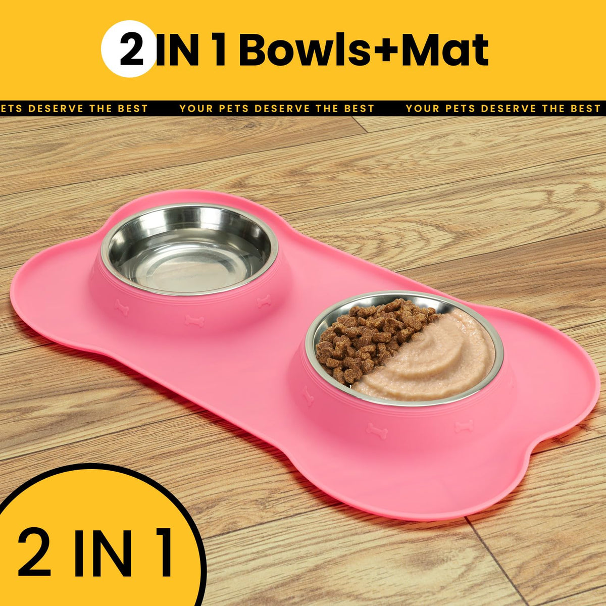 Silicone Pet Feeding Mat with Stainless Steel Bowls
