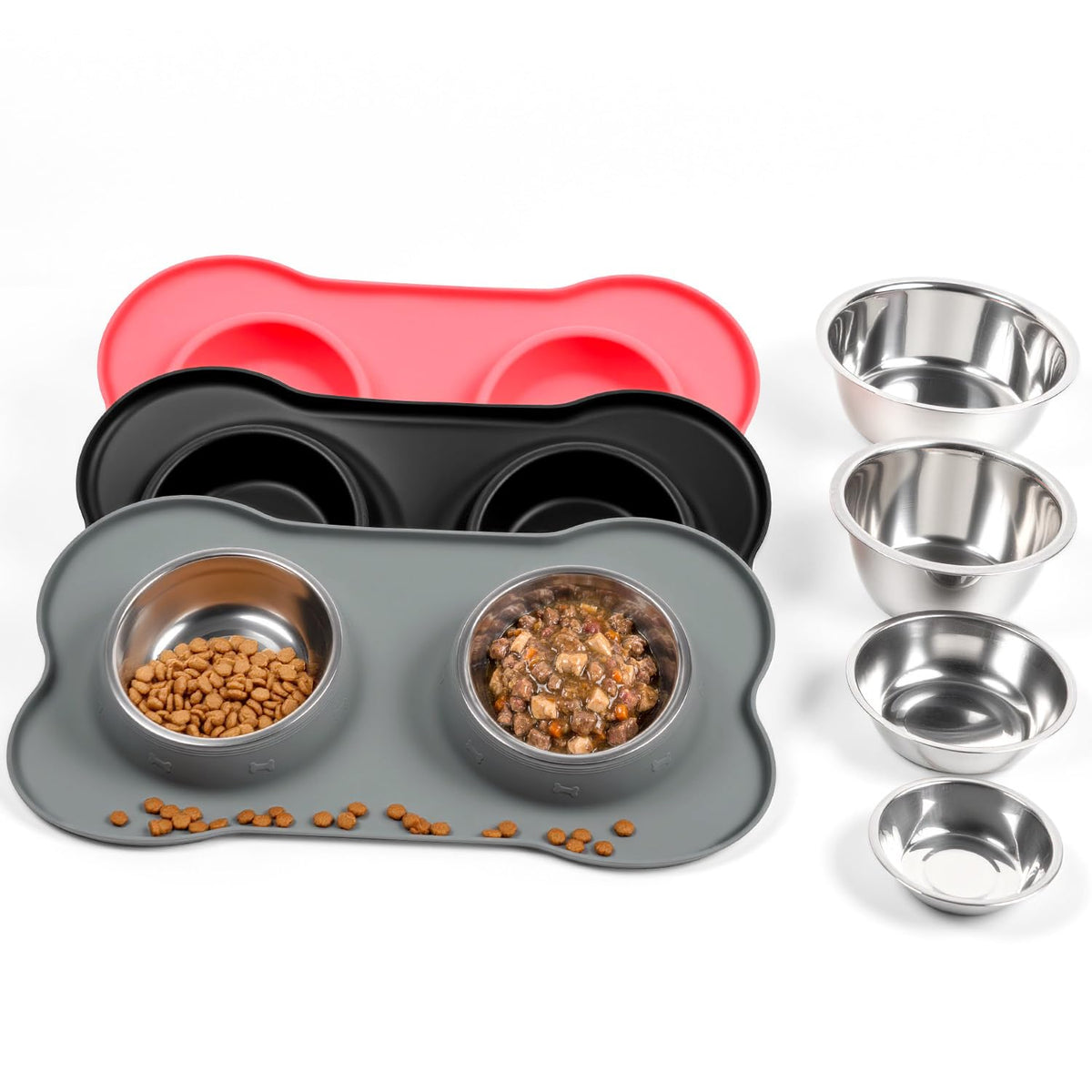 Silicone Pet Feeding Mat with Stainless Steel Bowls