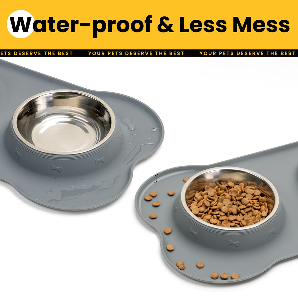 Silicone Pet Feeding Mat with Stainless Steel Bowls