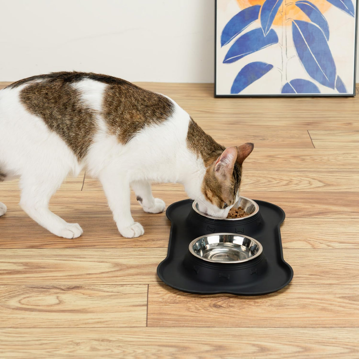 Silicone Pet Feeding Mat with Stainless Steel Bowls
