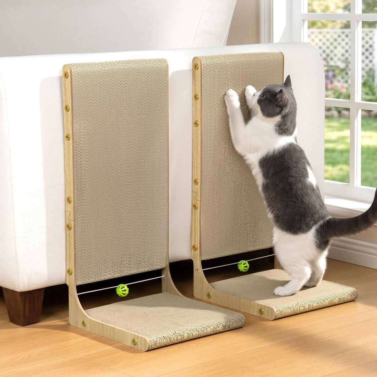 L-Shaped Cat Scratcher with Toy Ball