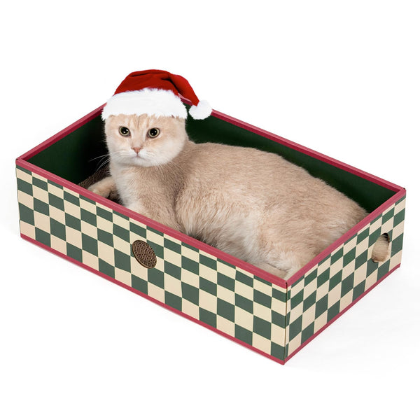 Cat Scratcher Box Christmas Checkered丨Cat Scratcher Box with Cat Scratching Pad丨Corrugated Cardboard Lounger丨Cat Scratcher and Interactive Hole Design White