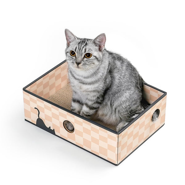 Cat Scratcher Box Chessboard丨Cat Scratcher Box with Cat Scratching Pad丨Corrugated Cardboard Lounger丨Cat Scratcher and Interactive Hole Design White