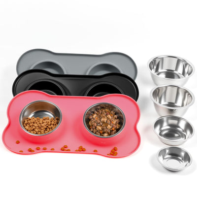 Silicone Pet Feeding Mat with Stainless Steel Bowls