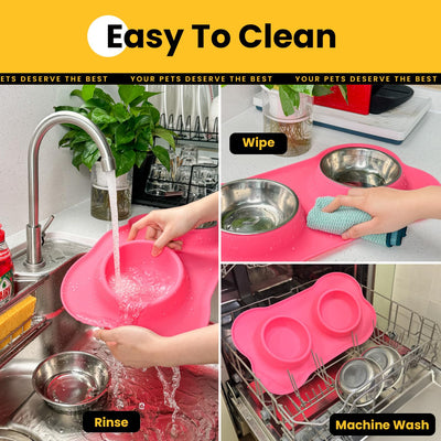 Silicone Pet Feeding Mat with Stainless Steel Bowls