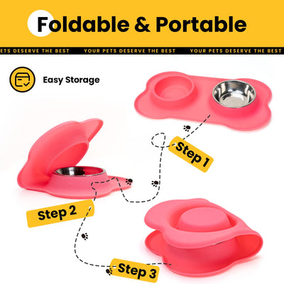 Silicone Pet Feeding Mat with Stainless Steel Bowls