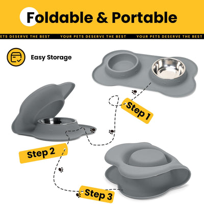 Silicone Pet Feeding Mat with Stainless Steel Bowls