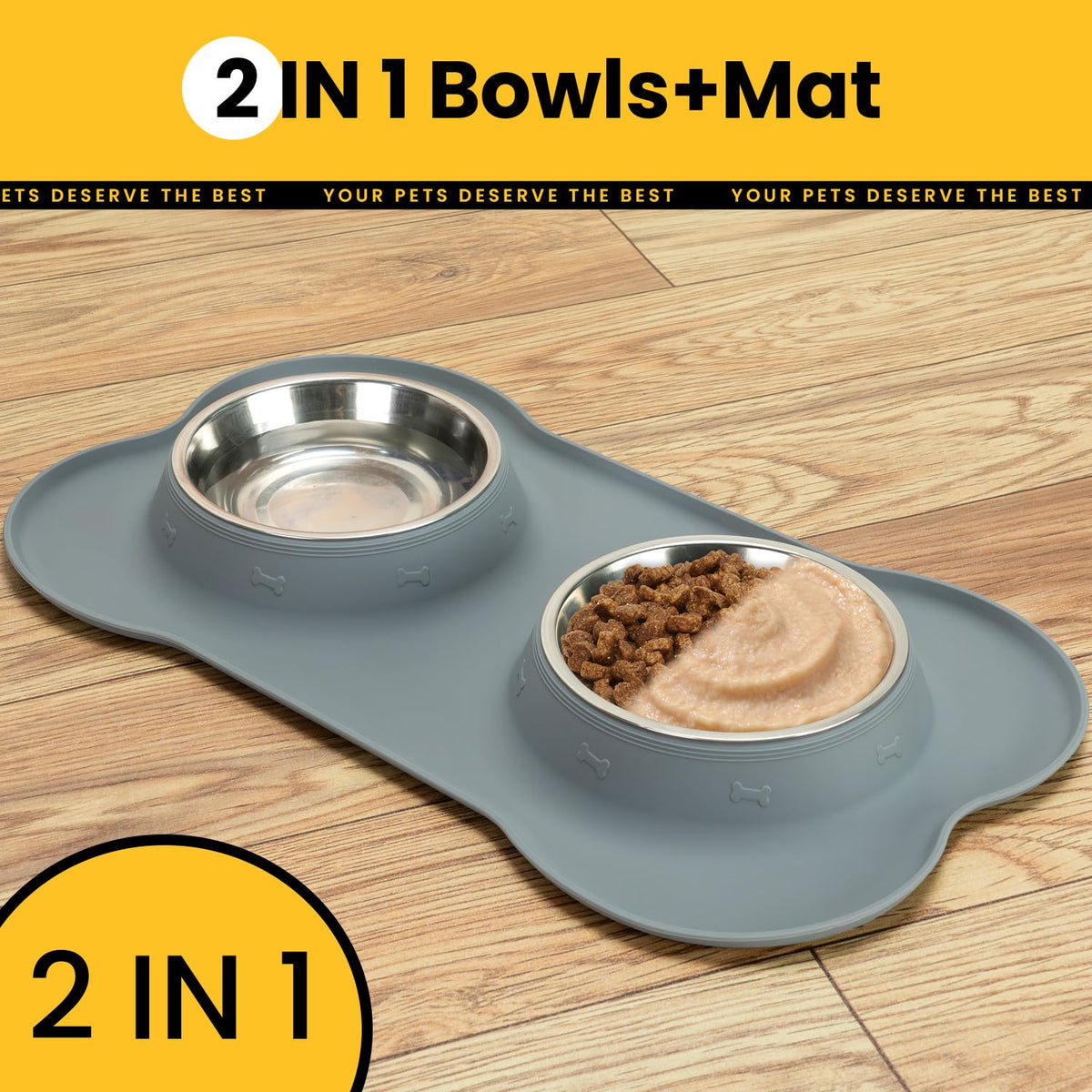 Silicone Pet Feeding Mat with Stainless Steel Bowls