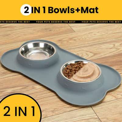 Silicone Pet Feeding Mat with Stainless Steel Bowls