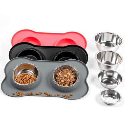 Silicone Pet Feeding Mat with Stainless Steel Bowls