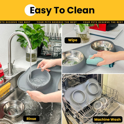 Silicone Pet Feeding Mat with Stainless Steel Bowls