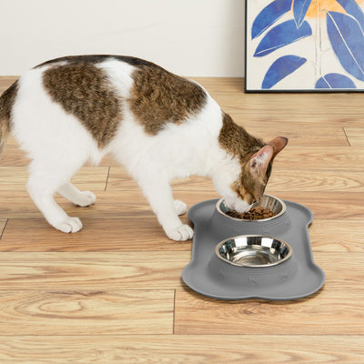 Silicone Pet Feeding Mat with Stainless Steel Bowls