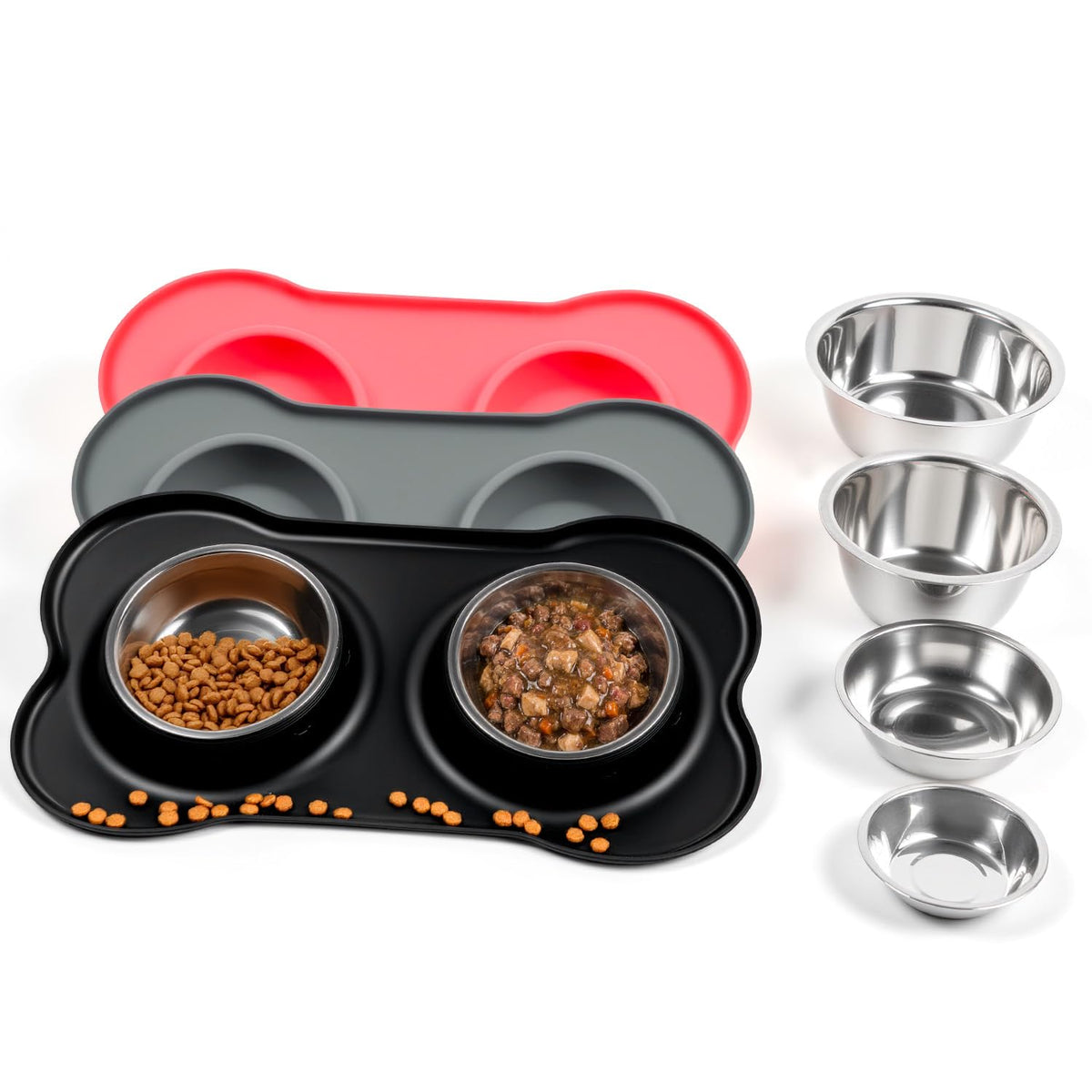 Silicone Pet Feeding Mat with Stainless Steel Bowls