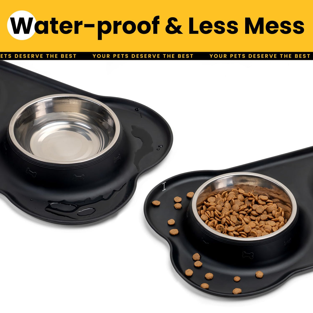 Silicone Pet Feeding Mat with Stainless Steel Bowls