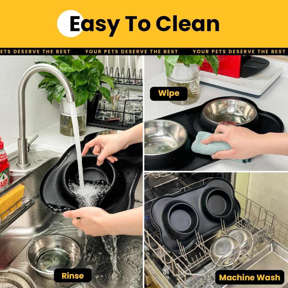 Silicone Pet Feeding Mat with Stainless Steel Bowls