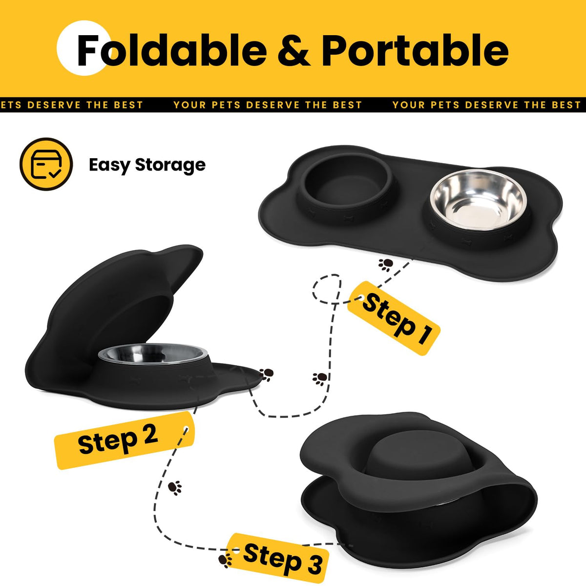 Silicone Pet Feeding Mat with Stainless Steel Bowls