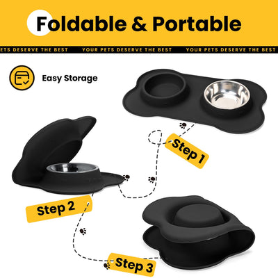 Silicone Pet Feeding Mat with Stainless Steel Bowls