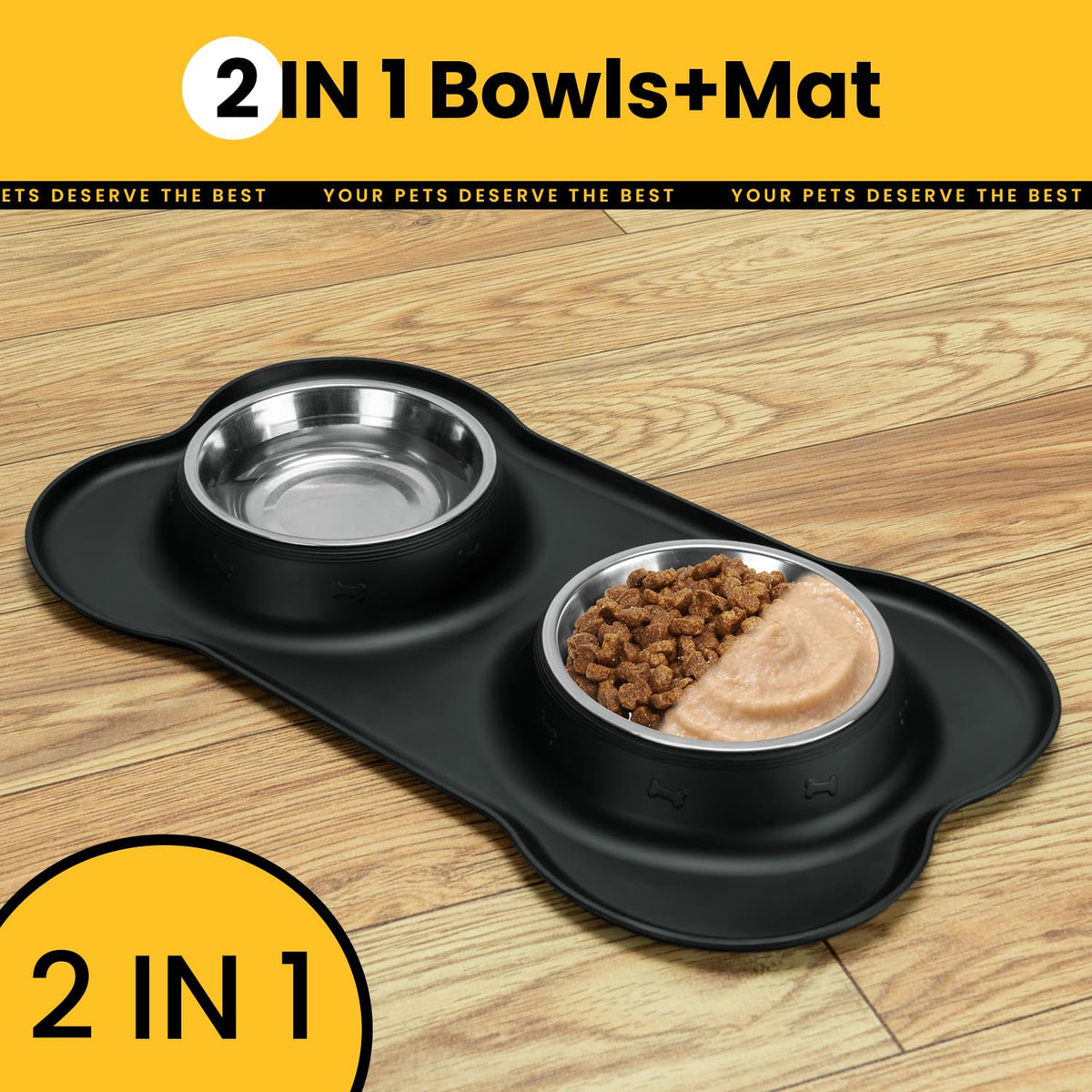 Silicone Pet Feeding Mat with Stainless Steel Bowls