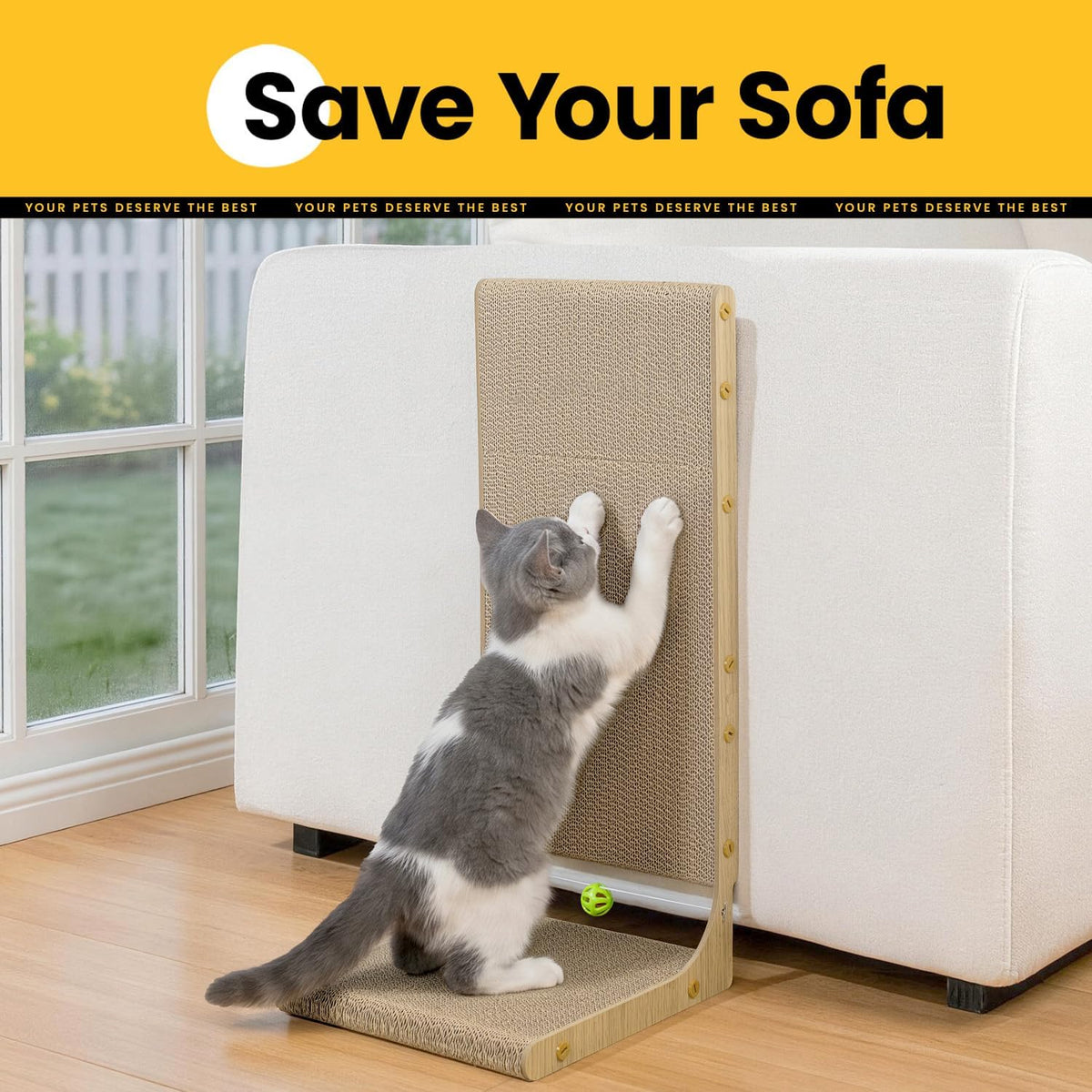 L-Shaped Cat Scratcher with Toy Ball