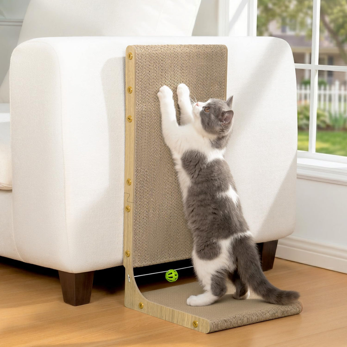 L-Shaped Cat Scratcher with Toy Ball